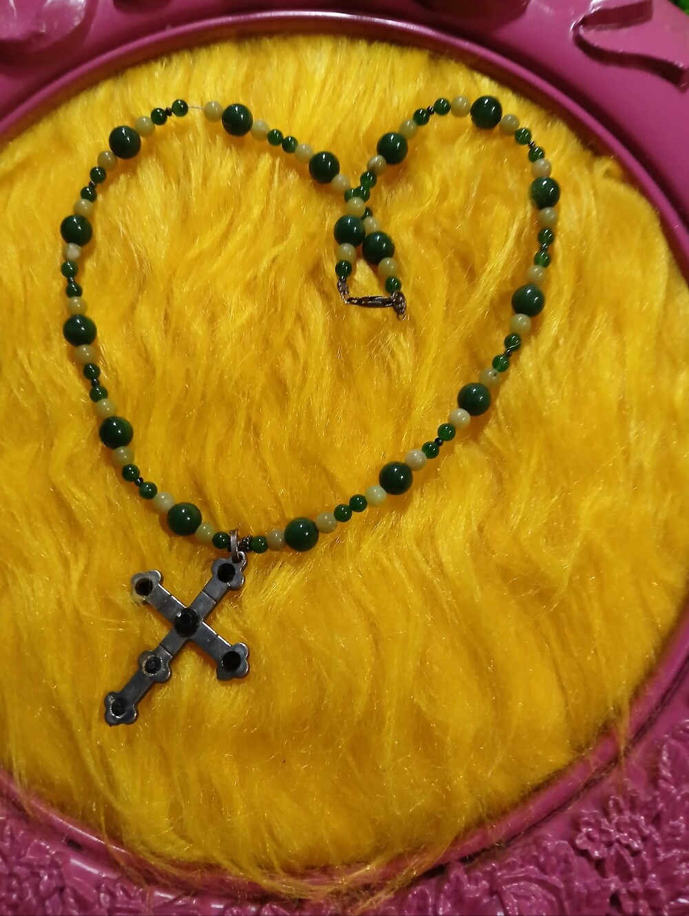Vintage Cross Pendant Necklace – Green Beaded Strand – Faith Inspired Statement